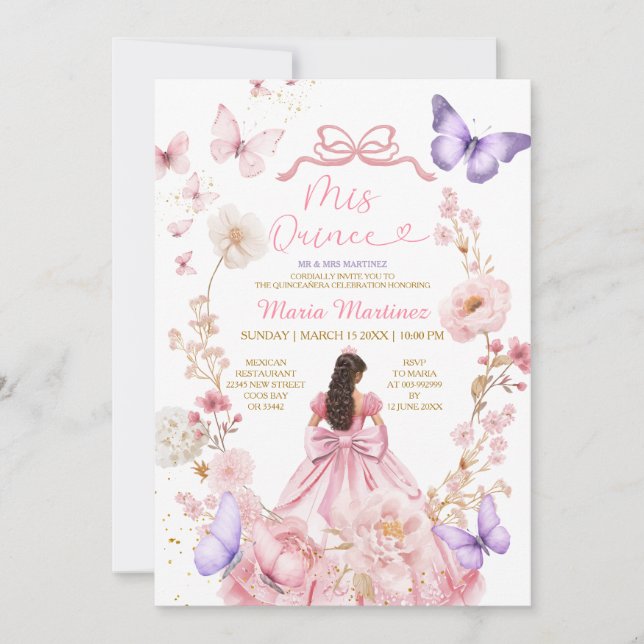 Butterfly Pink Floral XV Princess Dress Elegant Inbjudningar (Framsida)