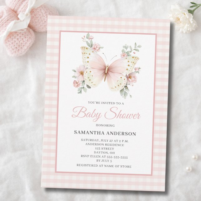 Butterfly Pink Gingham Floral Girl Baby Shower  Inbjudningar (Skapare uppladdad)