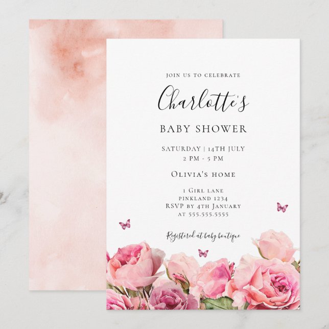 Butterfly Pink Rose Girl Baby Shower Invitation Inbjudningar (Fram/baksida)