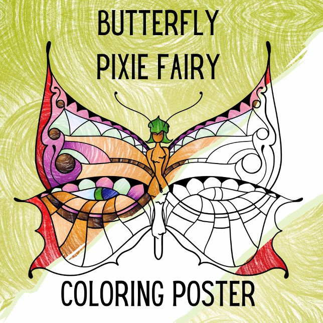 Butterfly Pixie Fairy - Cute Vuxen Coloring Poster (Butterfly Pixie Fairy Coloring Poster hand illustrated by Suzy LeeLo. A Unique & Large Coloring Page)