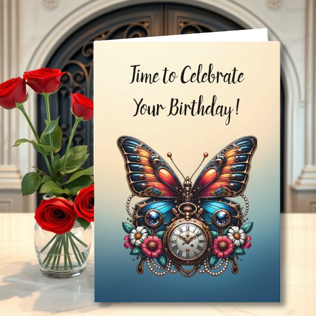 Butterfly Pocket Watch and Flowers Birthday Kort (Skapare uppladdad)