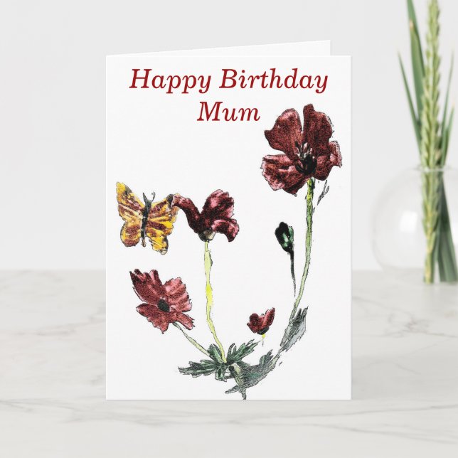 Butterfly Poppy Flowers Birthday Kort (Framsida)