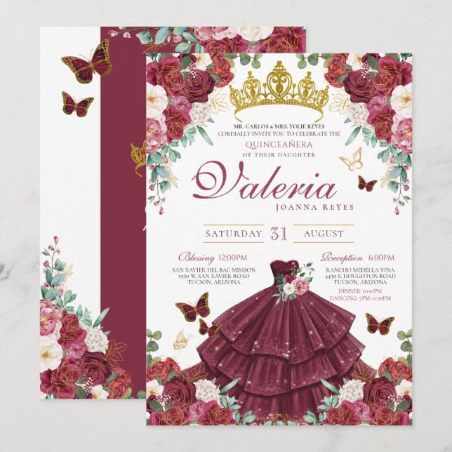 Butterfly Princess Burgundy Röd ros Quinceañera Inbjudningar (Fram/baksida)