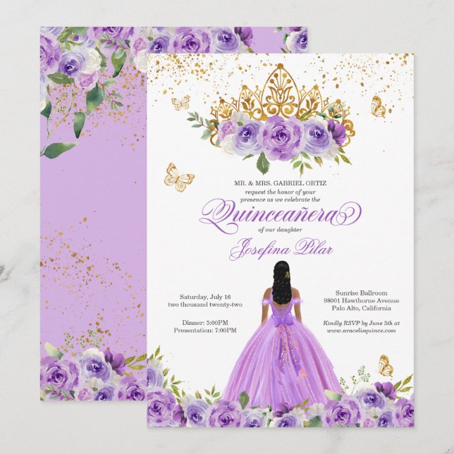 Butterfly Quinceañera Lila Watercolor Flowers in Inbjudningar (Fram/baksida)