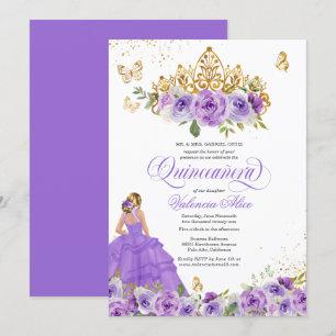Butterfly Quinceañera + Lila Watercolor Flowers Inbjudningar