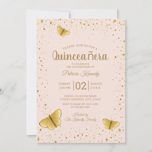 Butterfly Quinceanera  och Guld Glitter Inbjudningar (Framsida)