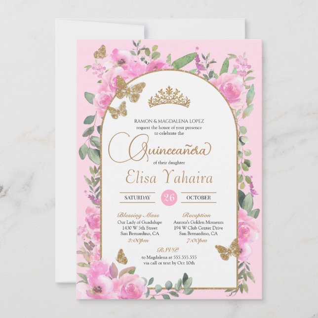 Butterfly Quinceanera Rosa Watercolor Blommigt Inbjudningar (Framsida)