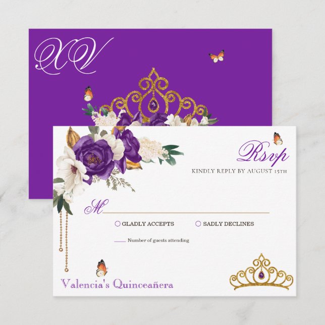 Butterfly Ro Royal Lila Guld Tiara Quinceanera OSA Kort (Fram/baksida)