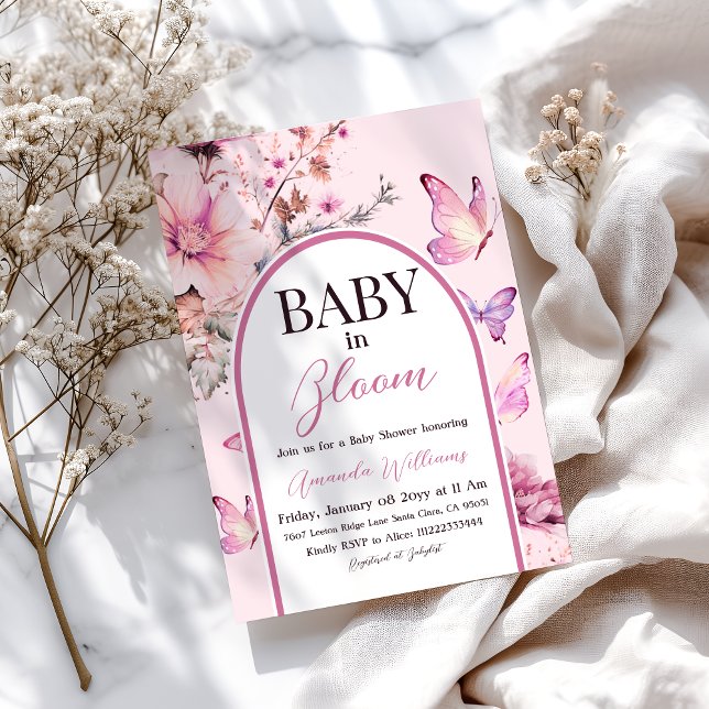 Butterfly Rosa Baby i Bloom Girl Baby Shower Inbjudningar (Skapare uppladdad)
