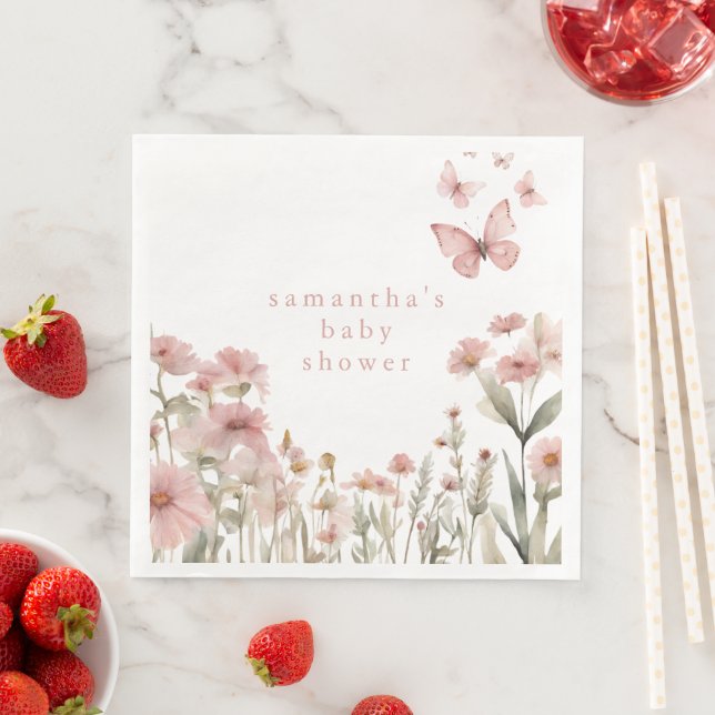 Butterfly rosa blommigt Wildblomma Flickbabydusch Pappersservett (Insitu)