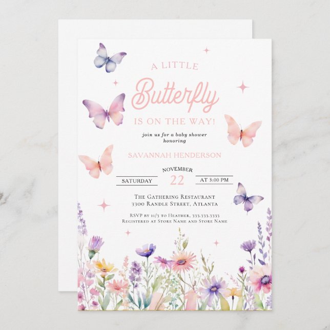 Butterfly Rosa Blue Wildblommor Blommigt Baby Show Inbjudningar (Fram/baksida)