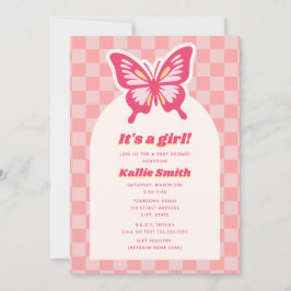 Butterfly Rosa Checkerboard Girl Baby Shower Inbjudningar