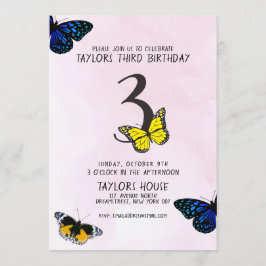 Butterfly Rosa Cute Watercolor 3RD Birgday Party Inbjudningar