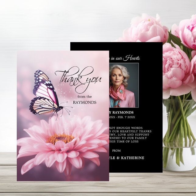 Butterfly Rosa Daisy Flower Sympathy Funeral Tack Kort (Butterfly Pink Daisy Flower Sympathy Funeral Thank You Card)