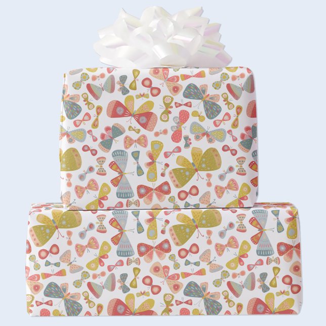 Butterfly Rosa Grönt Presentpapper (Watercolor butterfly pattern gift wrap in pastel pink, green and blue)