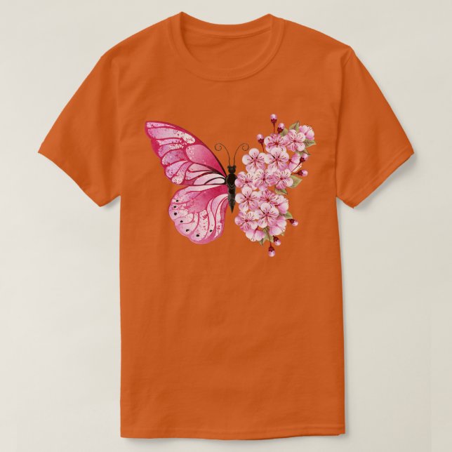 Butterfly Rosa Japanska Cherry Blommars Sakura T Shirt (Design framsida)
