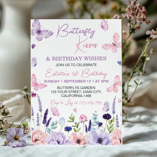 Butterfly Rosa Lila Blommigt Garden Girl Birthday Inbjudningar (Skapare uppladdad)