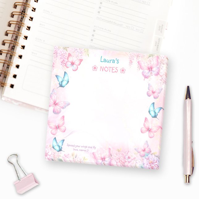 Butterfly Rosa Lila Blommigt Namn Post-it Block (Butterfly Pink Purple Floral Name Post-it Notes)