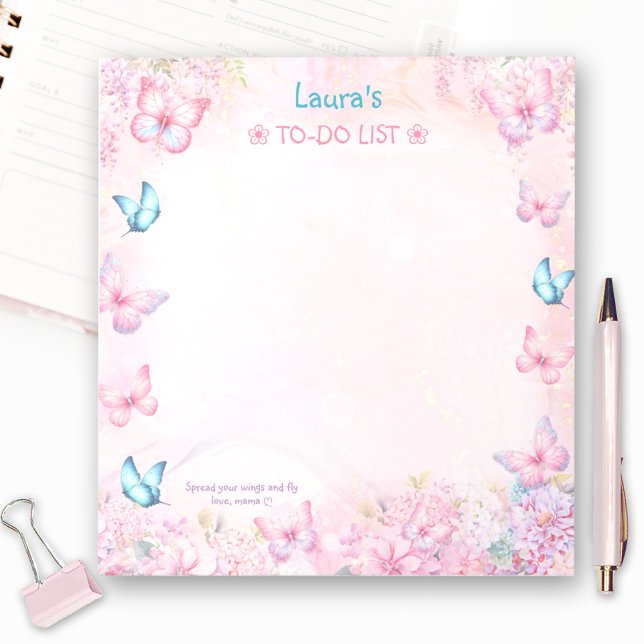 Butterfly Rosa Lila Blommigt Namn to do List Anteckningsblock (Butterfly Pink Purple Floral Name To-do List Notepad)