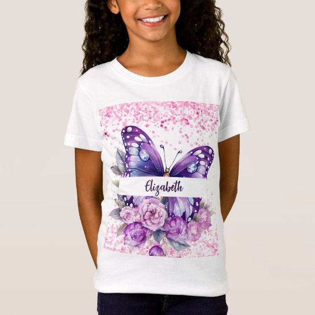 Butterfly rosa lila blommor t shirt (Framsida)