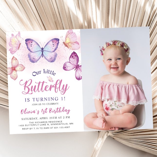 Butterfly Rosa Lila Girls Birthday Photo Inbjudningar (Skapare uppladdad)