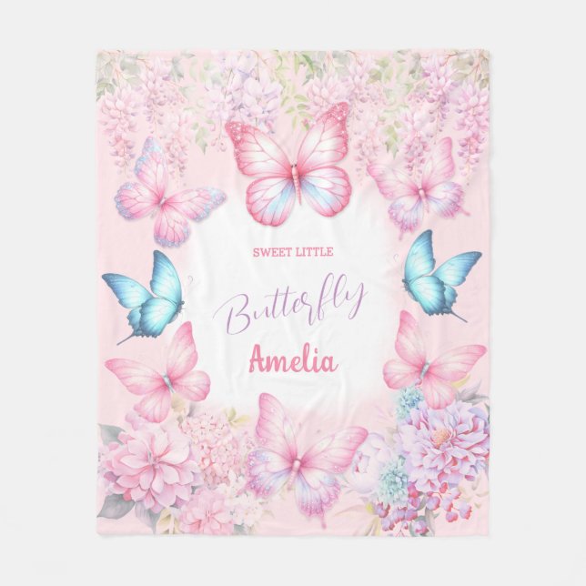 Butterfly Rosa Lila Pastel Blommigt Namn Girl Fleecefilt (Framsidan)