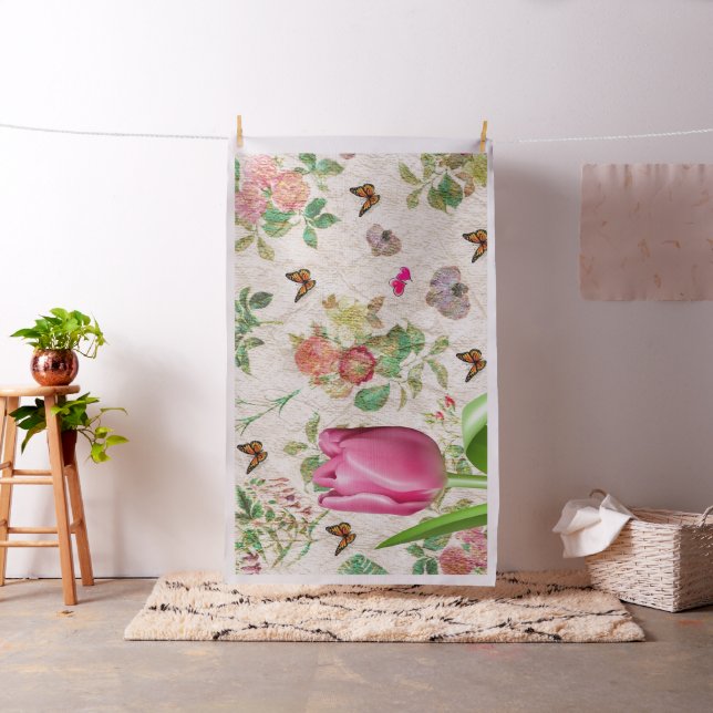 Butterfly Rosa Tulip Rosa Hearts Blommigt Fabric Tyg (In Situ)