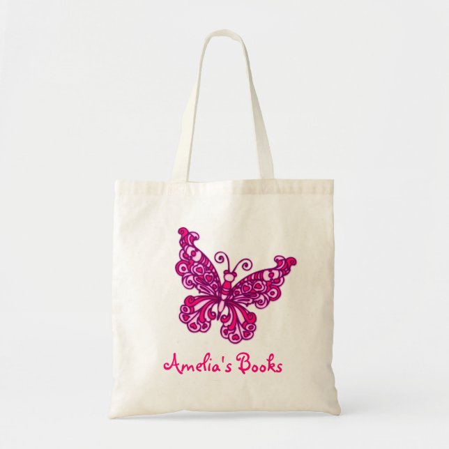 Butterfly rosa-ungar med namnet id bibliotek tote  tygkasse (Framsidan)