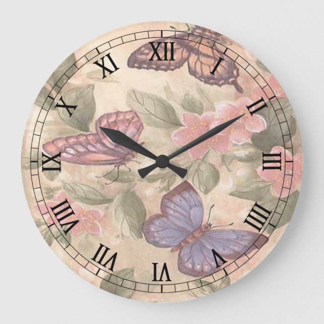 Butterfly Round Roman Numerals Clock Stor Klocka (Framsida)