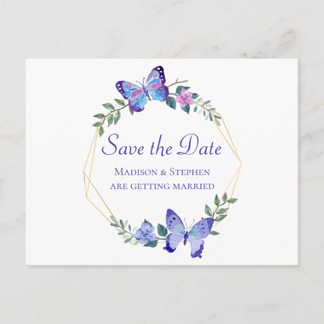 Butterfly Save Save Date Butterlies Blommigt Blue Vykort (Framsida)