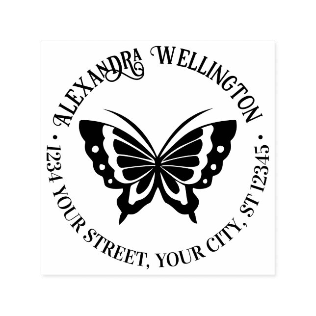 Butterfly Silhouette Round Namn Returadress #2 Självfärgande Stämpel (Design)