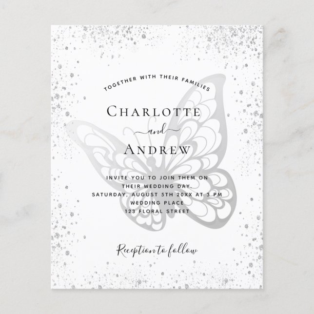 Butterfly silver gray glitter wedding budget flygblad (Framsidan)