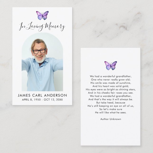 Butterfly Simple Photo Arch Memorial Prayer Card Visitkort (Fram/baksida)