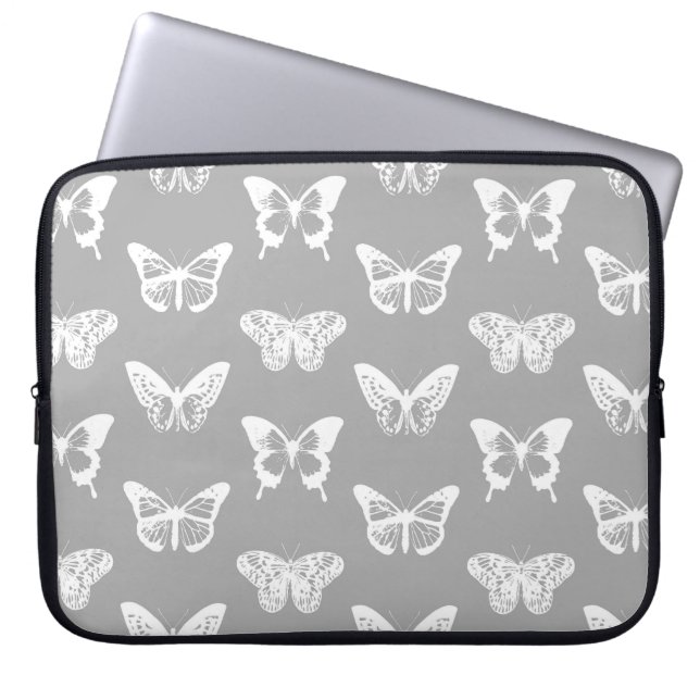 Butterfly sketch, silver grått och vit laptop sleeve (Framsidan)