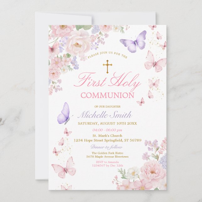 Butterfly Soft Floral First Holy Communion Inbjudningar (Framsida)