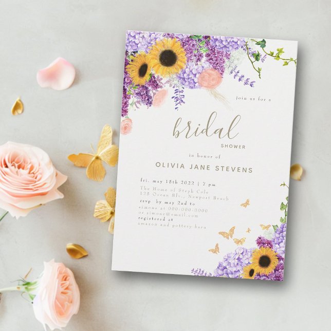 Butterfly Solros Lilac Rustic Möhippa Inbjudningar (butterfly bridal shower invitation modern rustic sunflower hydrangea roses botanical floral elegant)