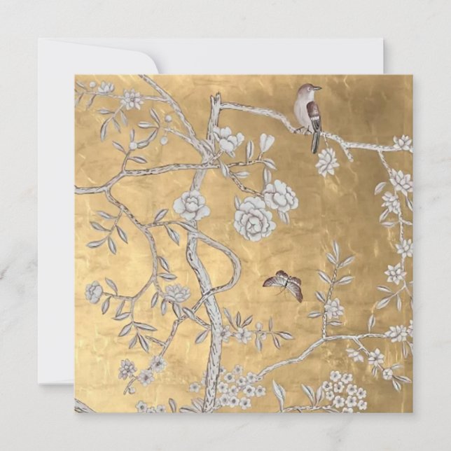 Butterfly & Sparrow Golden Oriental Garden Scene Inbjudningar (Framsida)