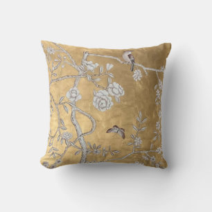 Butterfly & Sparrow Golden Oriental Garden Scene Kudde