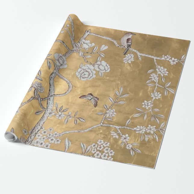 Butterfly & Sparrow Golden Oriental Garden Scene Presentpapper (Utrullad)