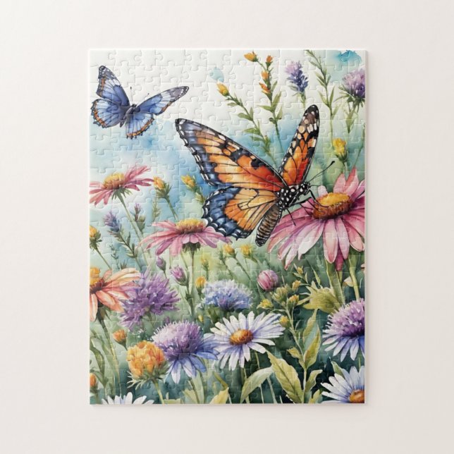 Butterfly Spring Meadow Wildflowers Watercolor Pussel (Vertikal)