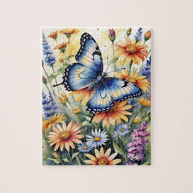 Butterfly Spring Meadow Wildflowers Watercolor Pussel (Vertikal)