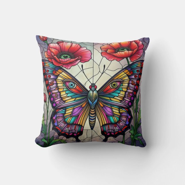 Butterfly stained glass design poppy flower kudde (Framsida)