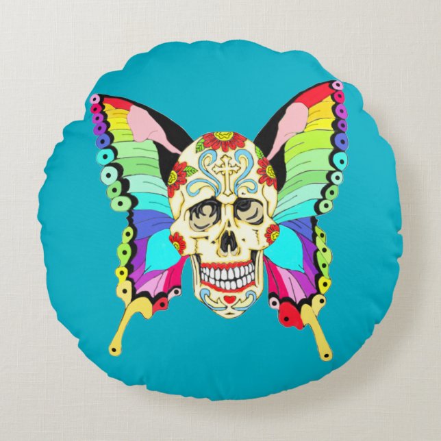 Butterfly Sugar Skull Rund Kudde (Framsidan)