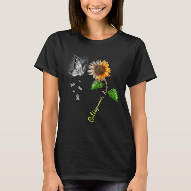 Butterfly Sunflower Osteoporosis Awareness T Shirt (Framsida)
