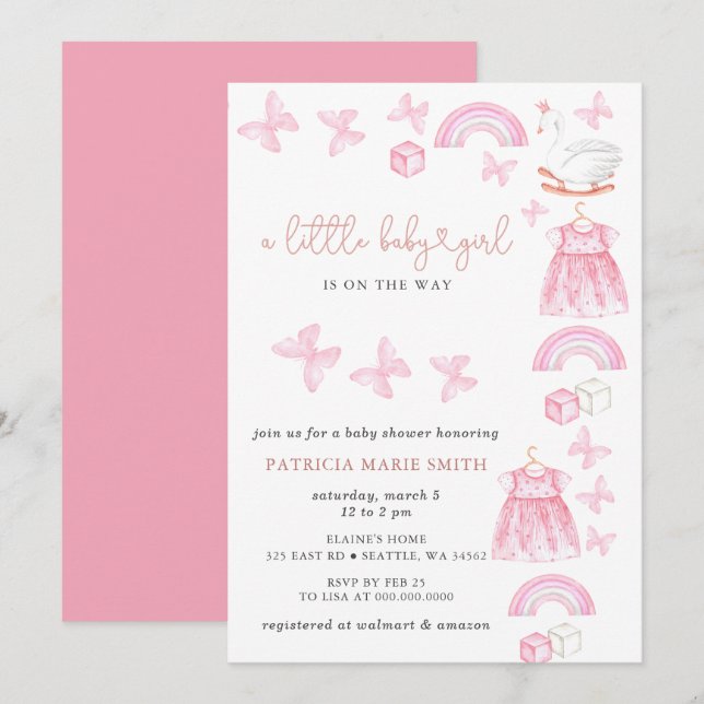 Butterfly Swan Princess Pink Girl Baby Shower Inbjudningar (Fram/baksida)