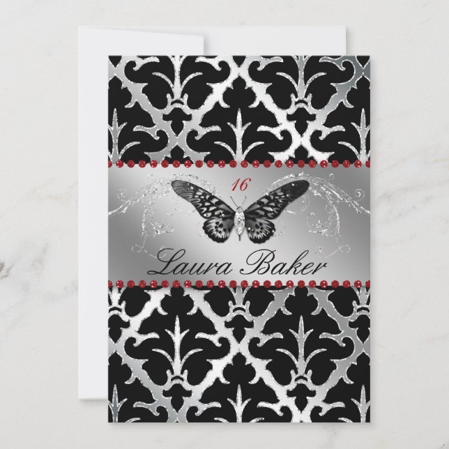 Butterfly Sweet 16 Inbjudan Damask Red Gnistra (Framsida)