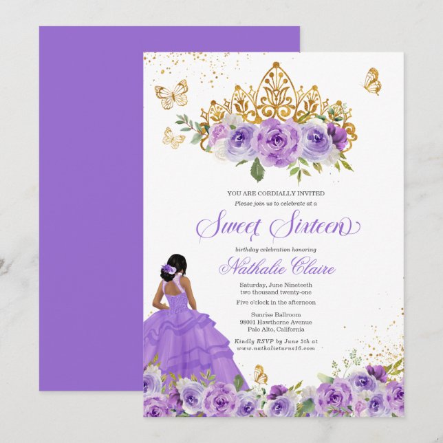Butterfly Sweet 16 + Lila Watercolor Flowers Inv. Inbjudningar (Fram/baksida)