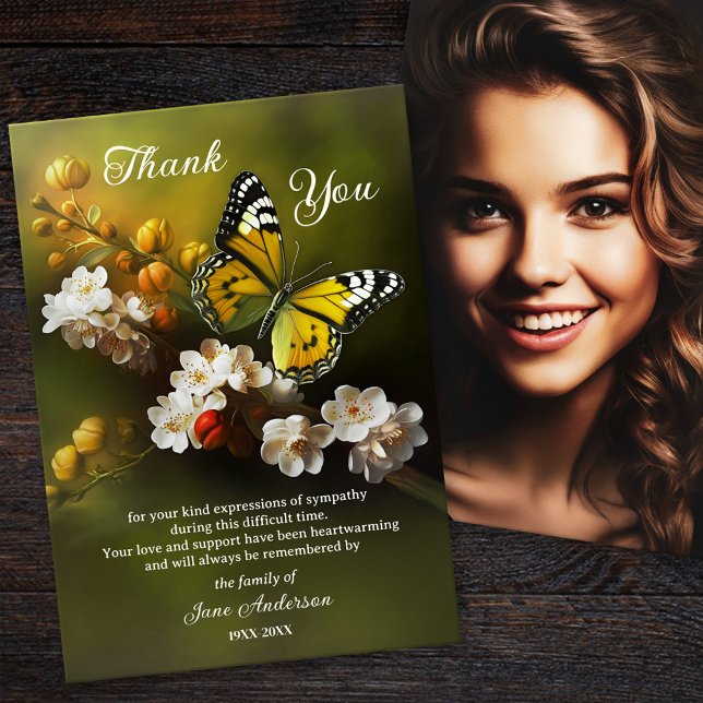 Butterfly Sympathy Photo Tackto You Card Tack Kort (Sympathy Thank You card featuring a painting of a butterfly and a custom photo - in loving memory)