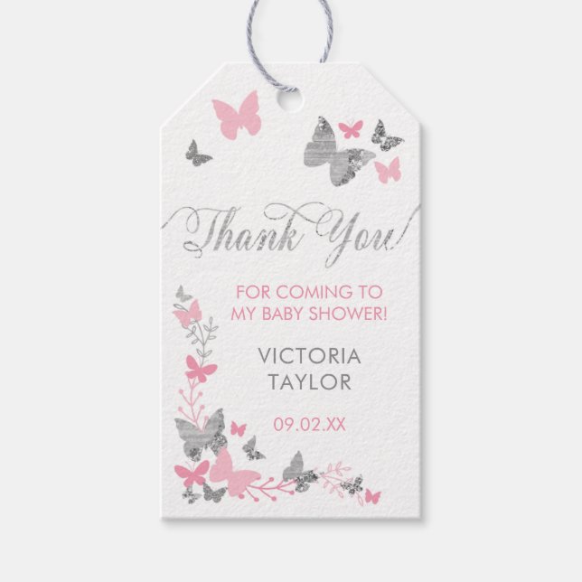Butterfly Tack Märkre, Rosa, Silver Presentetikett (Framsidan)
