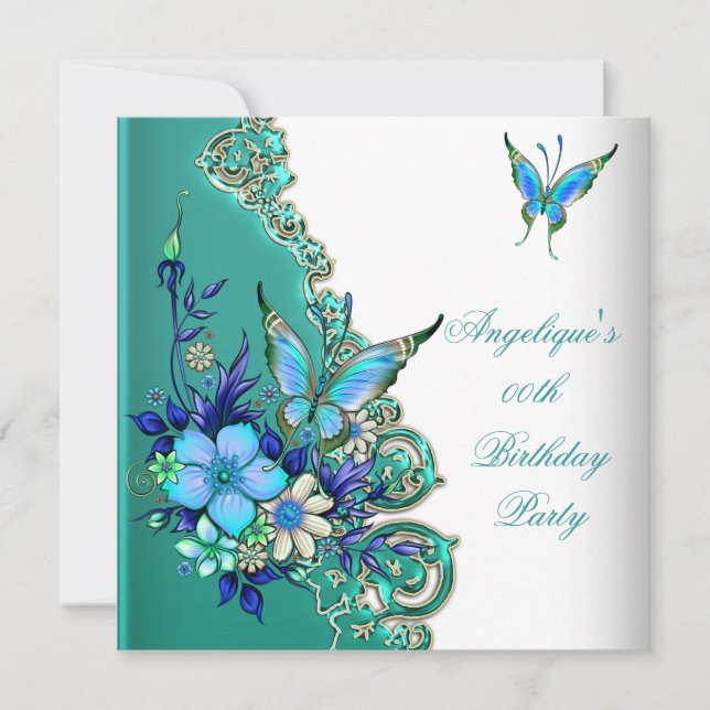 Butterfly Teal Blue Blommigt Guld White Party Inbjudningar (Framsida)